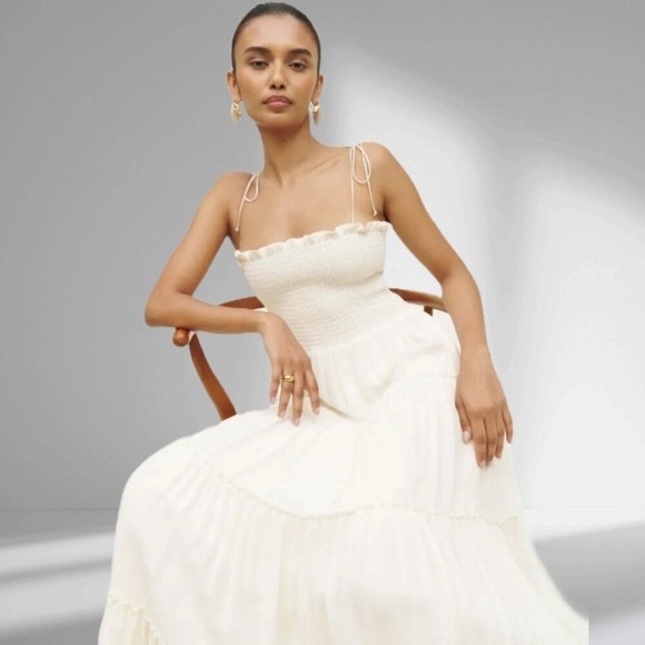 Reformation nera ivory white strapless tiered smocked midi dress 20707 - Picture 2 of 12